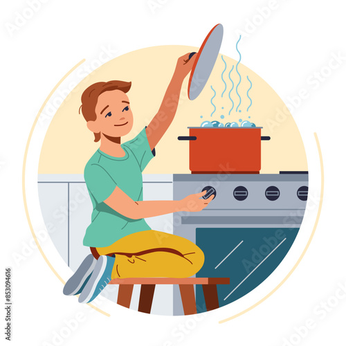 Little boy opening lid of pot with boiling water flat color vector illustration. Children danger at home round concept icon on white background