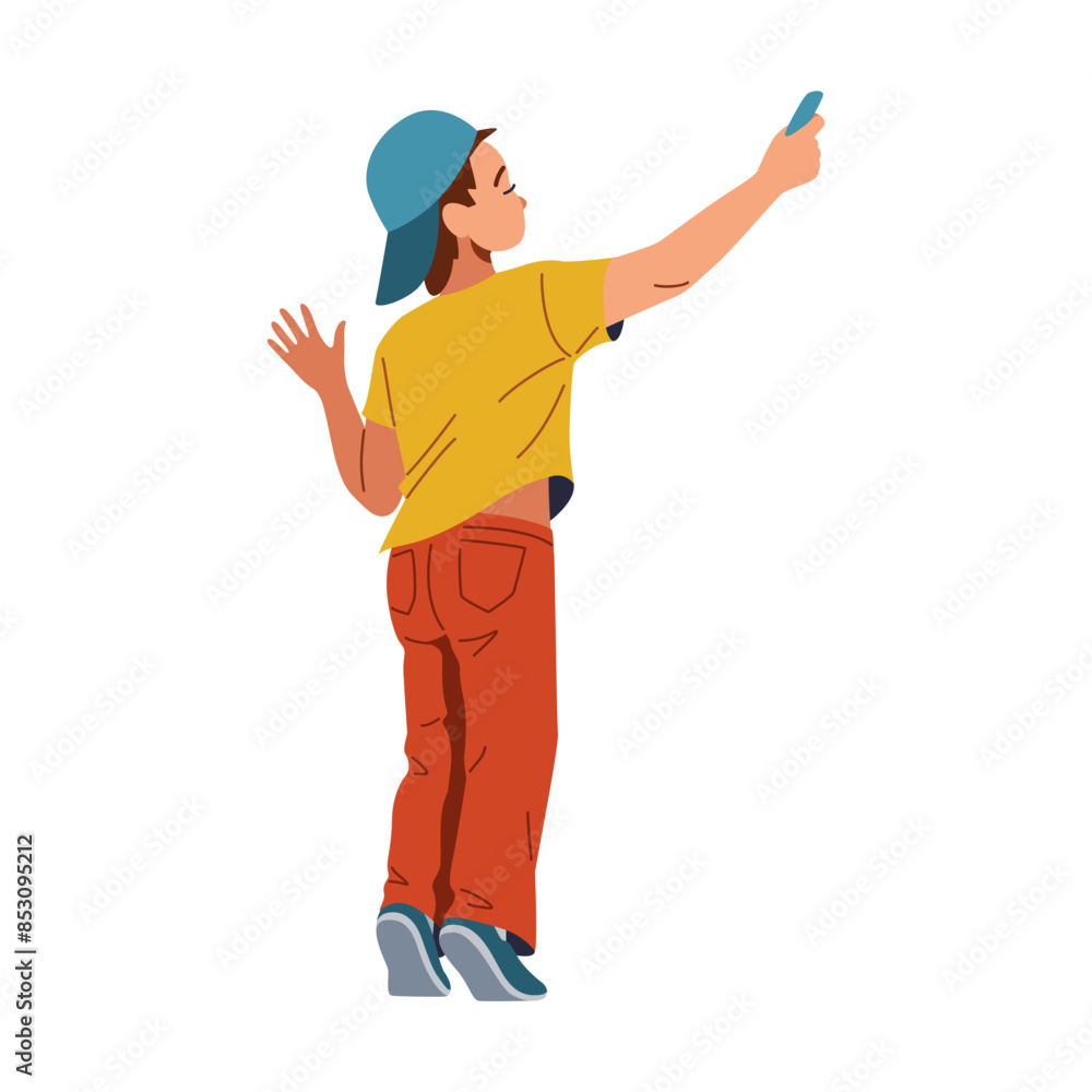Toddler boy in cap drawing with chalk standing on tiptoes flat color vector illustration. Little child doing street art concept icon on white background Toddler boy in cap drawing with chalk standing on tiptoes flat color vector illustration. Little child doing street art concept icon on white background
