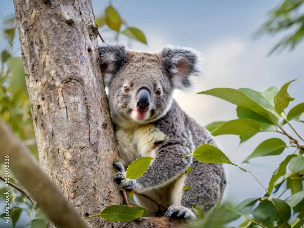 A koala bear perched on a tree branch, holding a eucalyptus leaf
