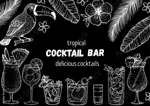 Alcoholic cocktails frame. Hand drawn vector illustration. Tropical Cocktails sketch set. Engraved style.