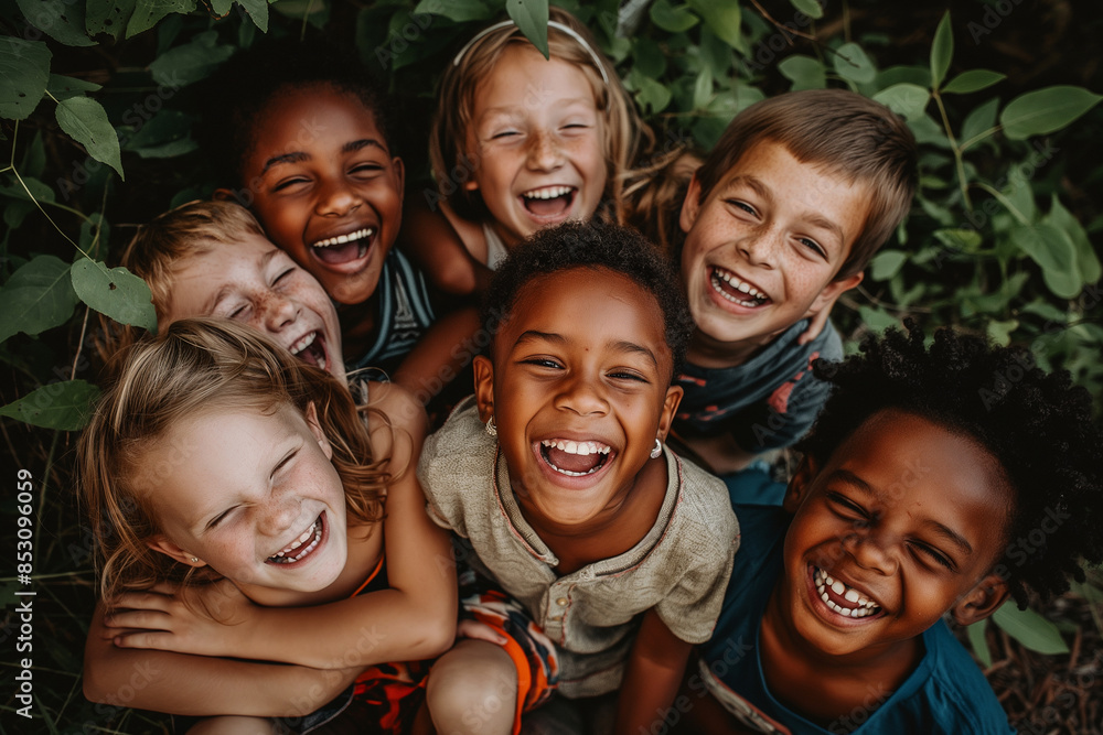 A group of children are smiling and hugging each other in a forest A group of children are smiling and hugging each other in a forest