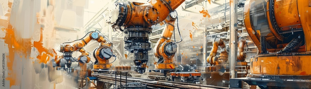 Orange industrial robotic arms in an automated factory assembly line, showcasing advanced manufacturing and modern automation technology. Orange industrial robotic arms in an automated factory assembly line, showcasing advanced manufacturing and modern automation technology.