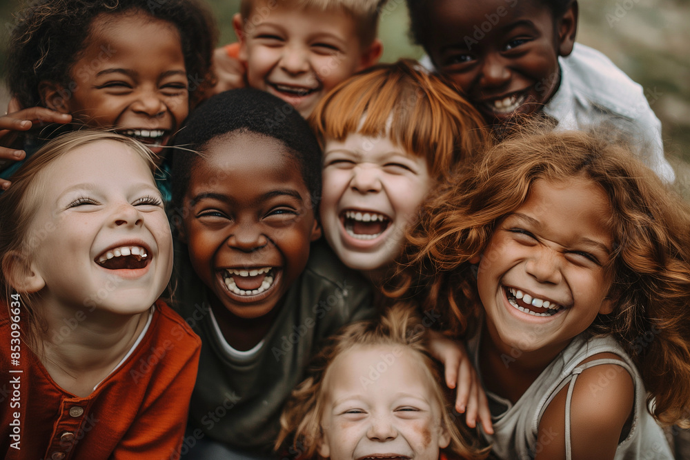 A group of children are smiling and laughing together A group of children are smiling and laughing together