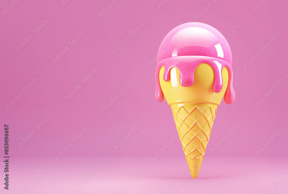 Minimalist design of an inflatable balloon ice cream cone with pink dripping topping, set against a vibrant pink background Minimalist design of an inflatable balloon ice cream cone with pink dripping topping, set against a vibrant pink background