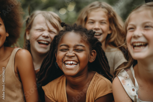 A group of young girls are smiling and laughing together