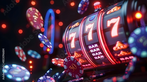 slot machine with neon and casino chips flying around on a dark moody background