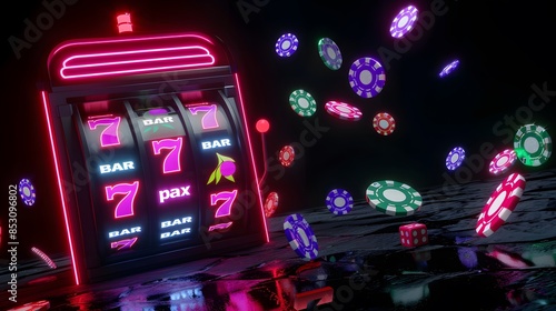 slot machine with neon and casino chips flying around on a dark moody background