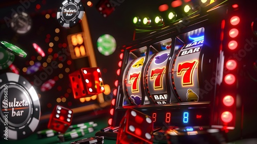 slot machine with neon and casino chips flying around on a dark moody background