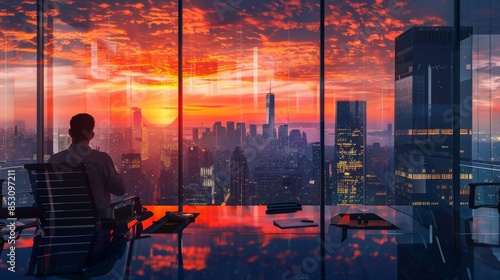 Pensive professional in office with urban sunset skyline, realistic and serene atmosphere
