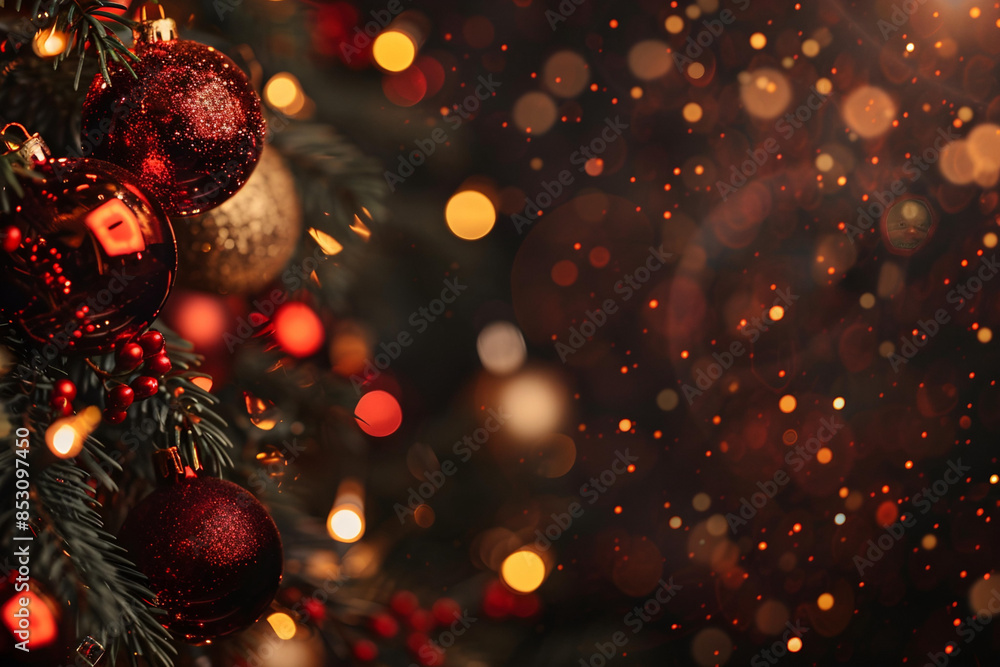 abstract christmas background, hanging ball on xmas pine tree branch with golden bokeh lights abstract christmas background, hanging ball on xmas pine tree branch with golden bokeh lights