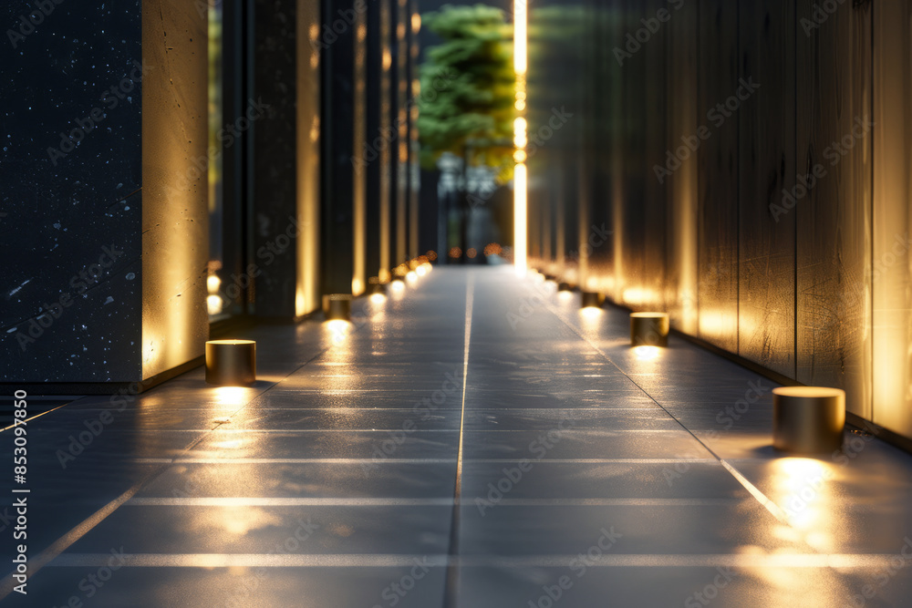 elegant lighting of the sidewalk with a wall on the sides and trees at the end
