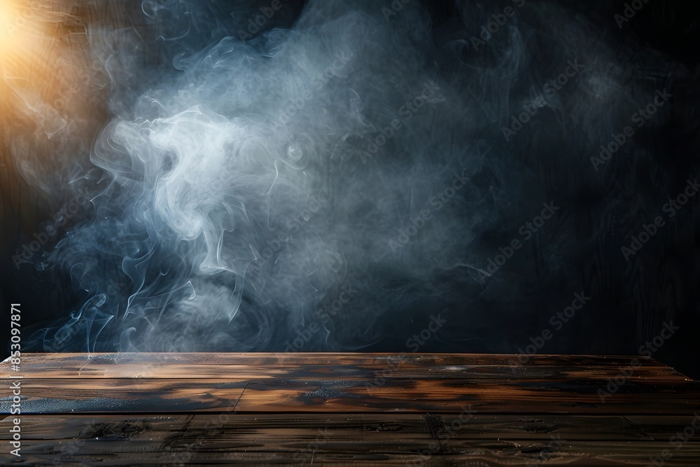 Empty wooden table with smoke on black background for product presentation Empty wooden table with smoke on black background for product presentation