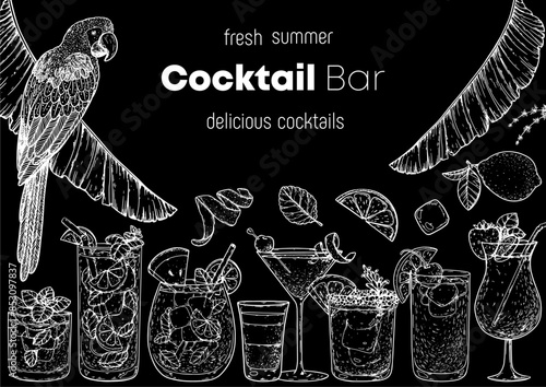 Alcoholic cocktails frame. Hand drawn vector illustration. Tropical Cocktails sketch set. Engraved style.