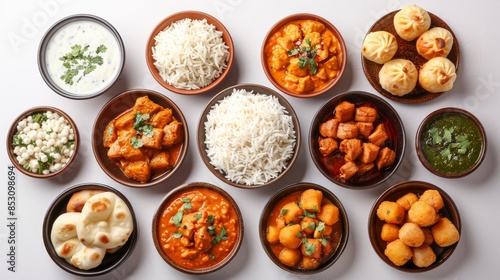 Top view collection of Indian foods isolated on a white background, including momos, butter chicken curry and rice, samosas, and pani puri 