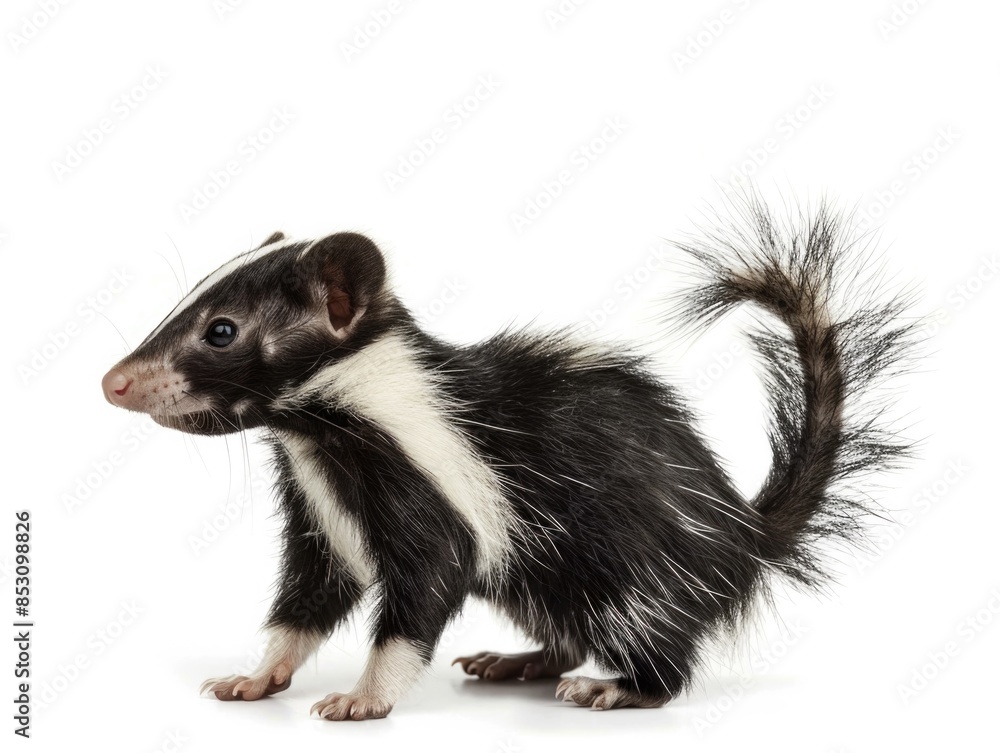 Skunk Closeup. Young Adorable Mephitis Mephitis in Classic Black-and-White, Isolated on White Background