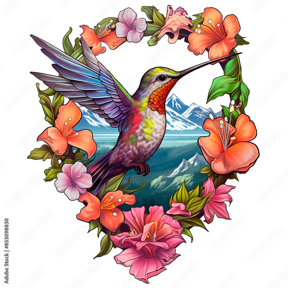 Image of Hummingbirds with Florals, for Stickers, T-shirt Print, Cap, Mug, Slippers, Mousepad, with Transparent Background PNG Image of Hummingbirds with Florals, for Stickers, T-shirt Print, Cap, Mug, Slippers, Mousepad, with Transparent Background PNG