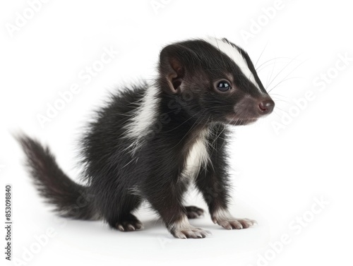 Skunk Closeup. Adorable Classic Black-and-White Skunk Isolated on White Background