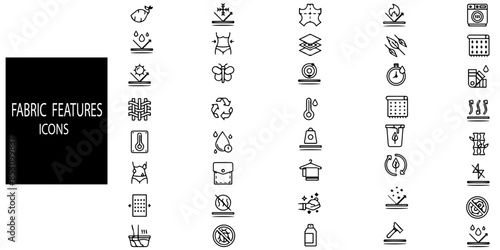  Fabric features set of 40 line icons related to textile industry, fabric feather.Vector illustration.