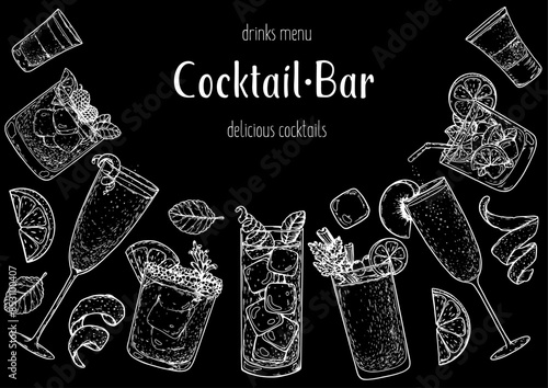 Alcoholic cocktails frame. Hand drawn vector illustration. Cocktails sketch set. Engraved style.