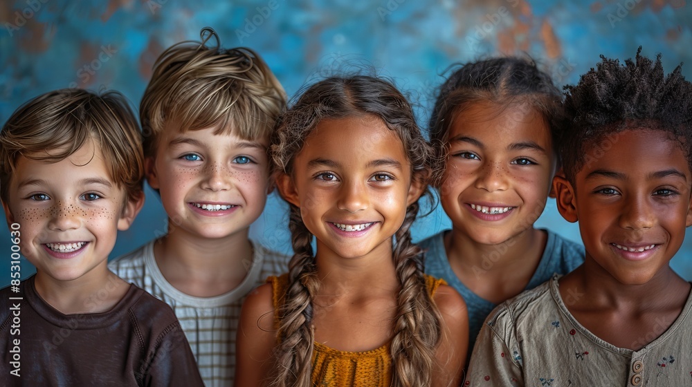 Fototapeta premium photo portrait of five 10 year old children: two caucasians, one latino, one african-american, one eurasian, smiling faces,