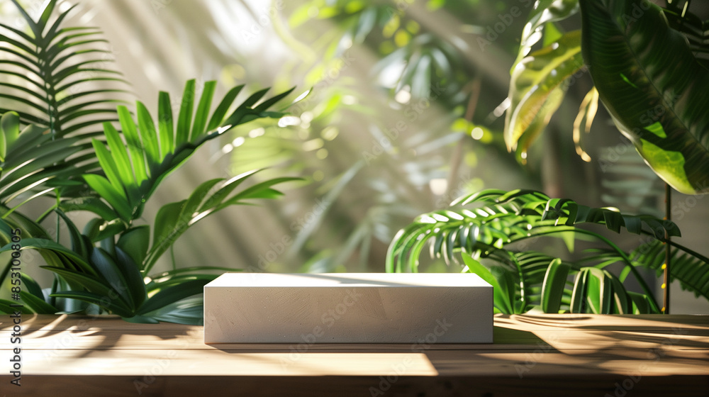 Elegant podium for product on wooden table with tropical blurred leaves in background Elegant podium for product on wooden table with tropical blurred leaves in background