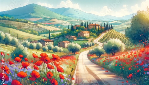 A spring scene of country road lined with poppies, olive trees, farmhouses and distant hills