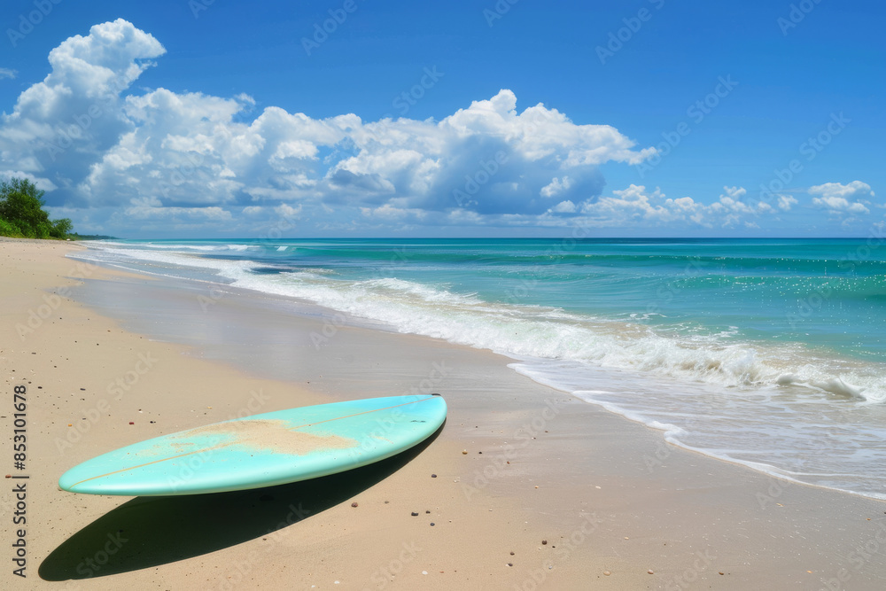 close up horizontal image of a surfboard on a tropical beach in a sunny day, copy space close up horizontal image of a surfboard on a tropical beach in a sunny day, copy space