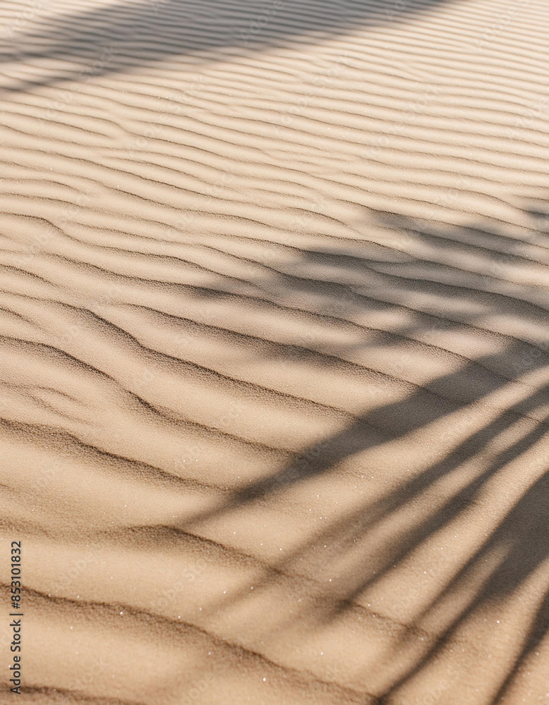 A summer minimalistic background featuring the shadow of a natural palm leaf on sand dunes A summer minimalistic background featuring the shadow of a natural palm leaf on sand dunes