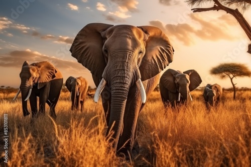 Picture of a herd of African elephants in the savannah. Macro landscapes  photo