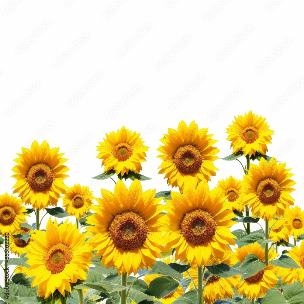 Fototapeta premium Picture of a sunflower field cyanotypeisolated on a white background for easybackground removal