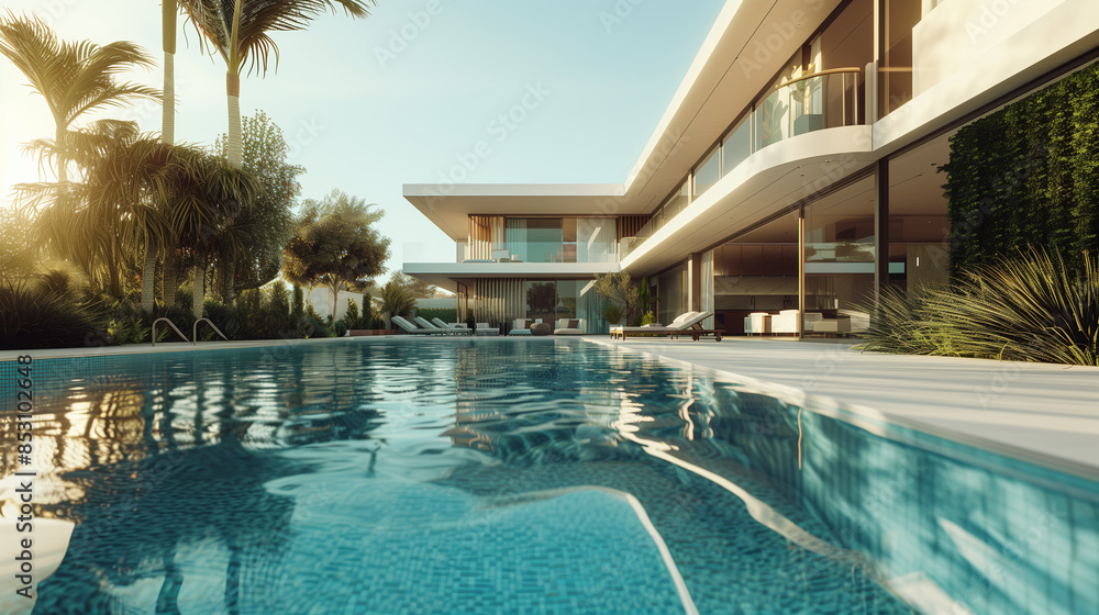 Obraz premium Modern villa with open plan living with swimming pool
