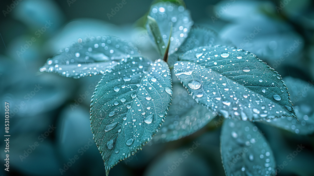 Green background. Close-up photo of plant with dew drops on its leaves. Green background. Close-up photo of plant with dew drops on its leaves.