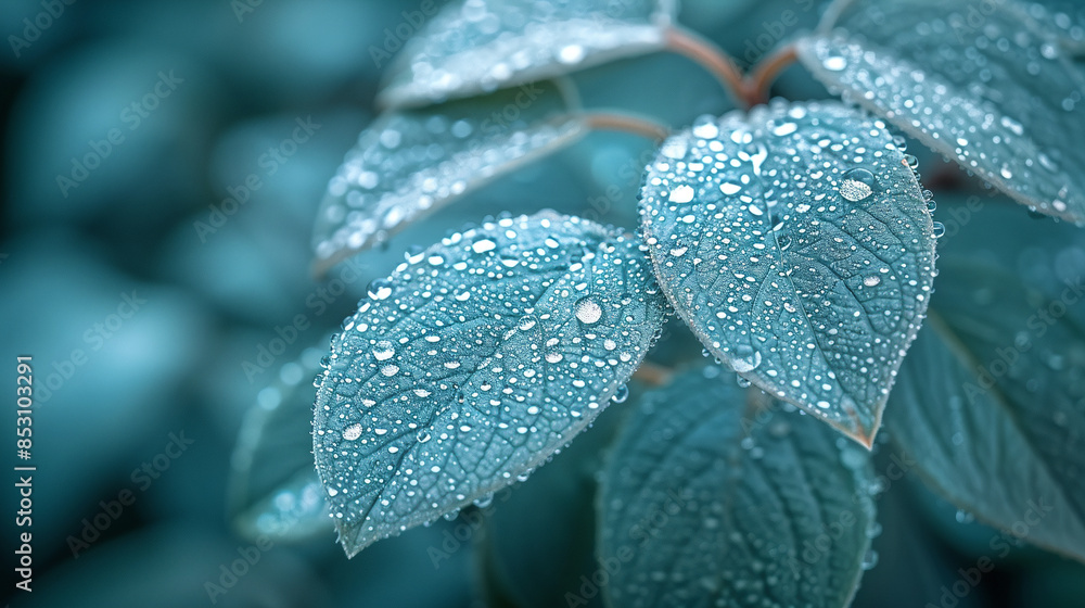 Green background. Close-up photo of plant with dew drops on its leaves. Green background. Close-up photo of plant with dew drops on its leaves.