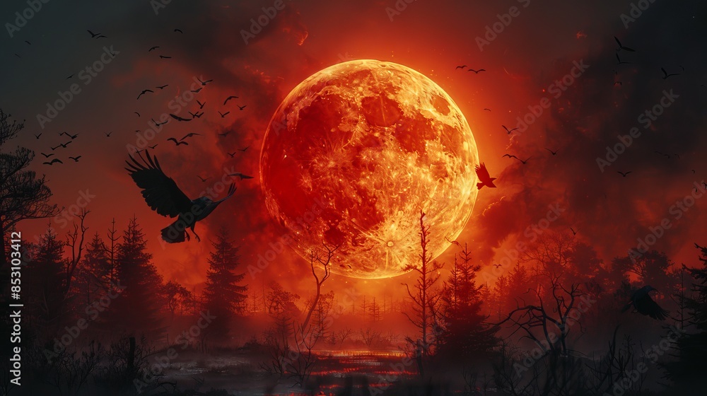 custom made wallpaper toronto digitalscene of a full moon lunar eclipse. illuminated Red moon. murder of crows flying around the red moon. mezmerizing night sky scene.