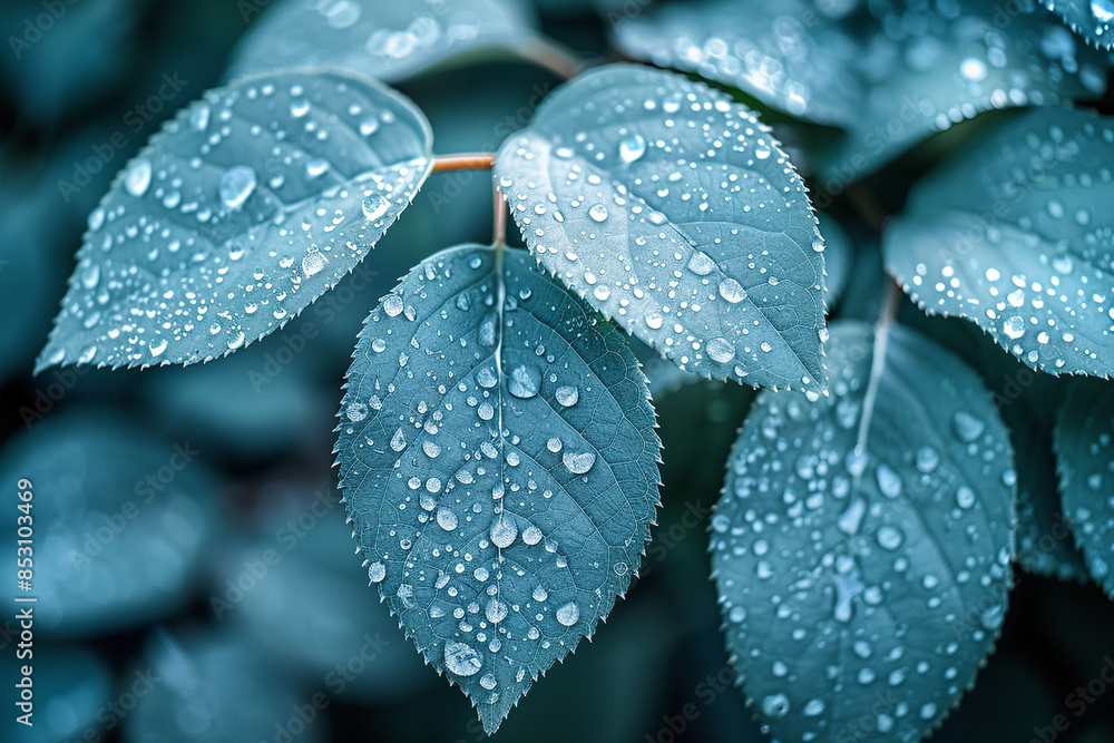 Green background. Close-up photo of plant with dew drops on its leaves. Green background. Close-up photo of plant with dew drops on its leaves.