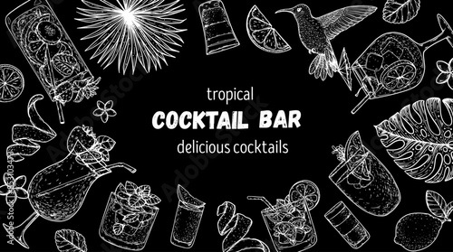 Alcoholic cocktails frame. Tropical cocktails. Hand drawn vector illustration. Cocktails sketch set. Engraved style.