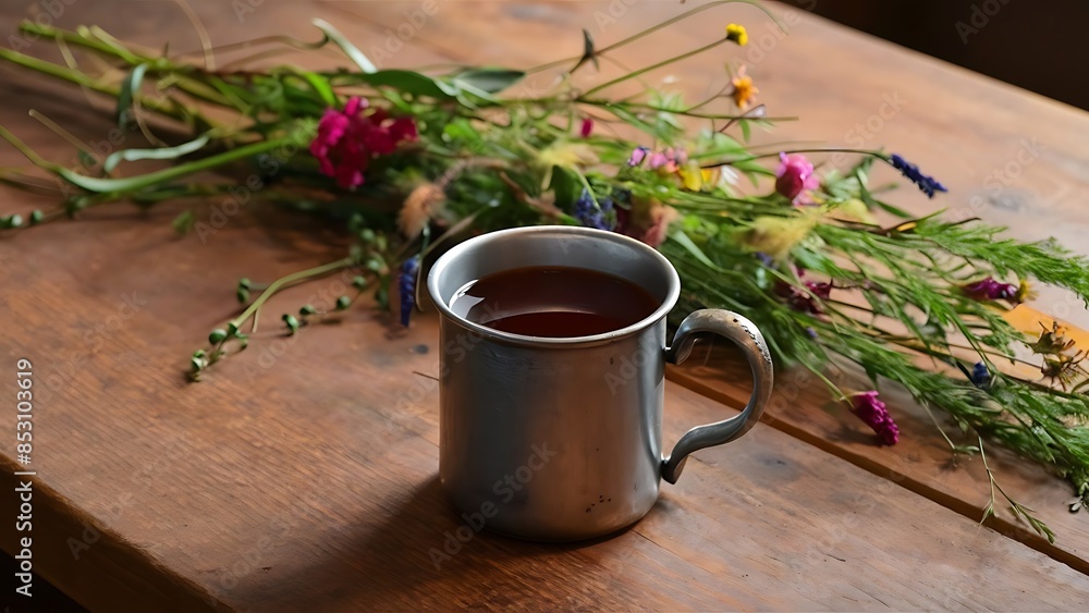 Metal mug on a table with flowers lying on it Metal mug on a table with flowers lying on it