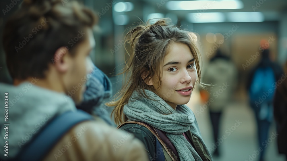 Obraz premium A young woman with a scarf and messy hair leans in, talking to her boyfriend. The surrounding crowd blurs in the background.
