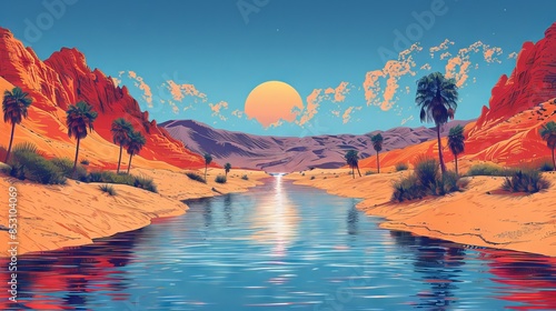 vector illustration of a river running through a harsh desert eventually coming to a lake at the bottom foreground. beautiful dunes, 