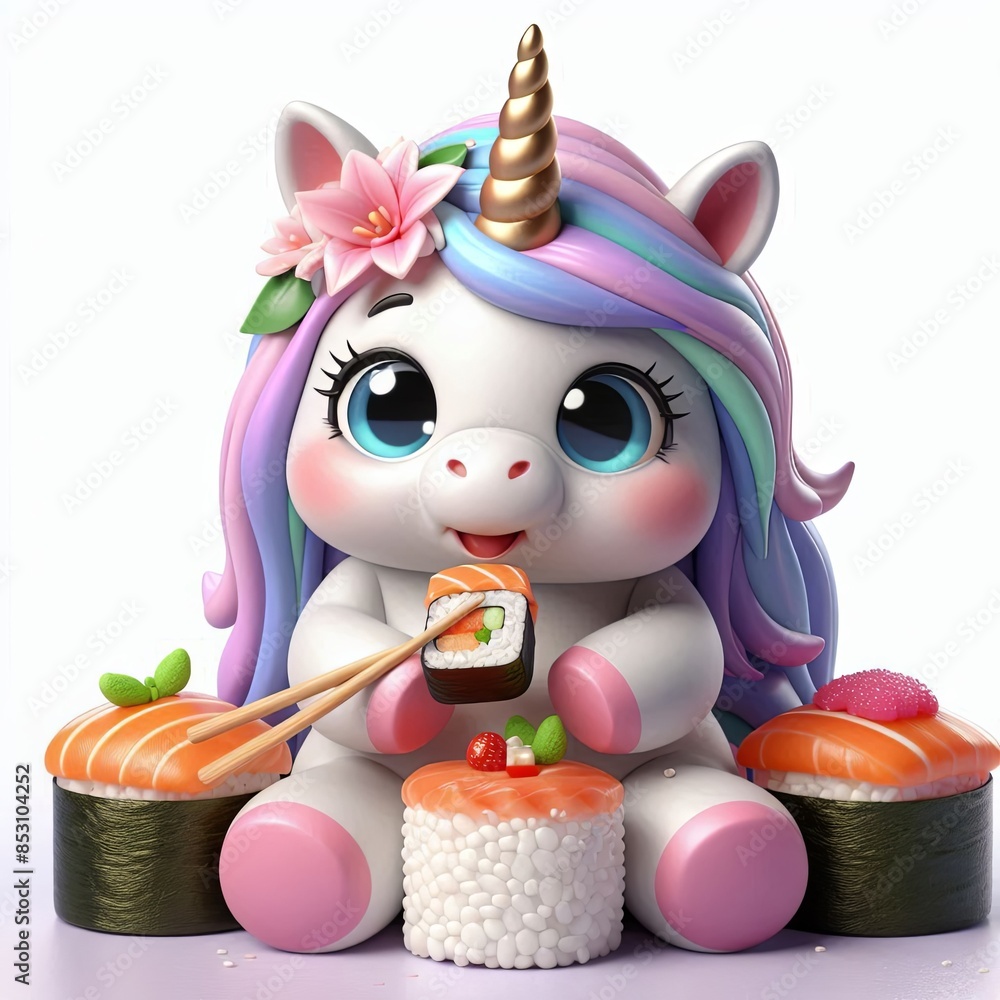 cute unicorn eating sushi cartoon 3d Generative AI cute unicorn eating sushi cartoon 3d Generative AI
