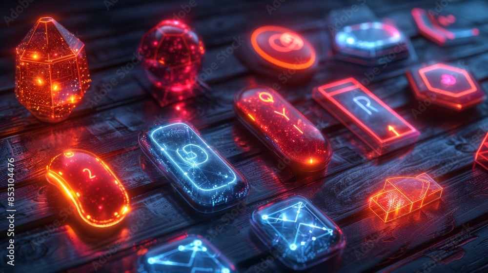 Produce a neon set of web development symbols, including shimmering Produce a neon set of web development symbols, including shimmering
