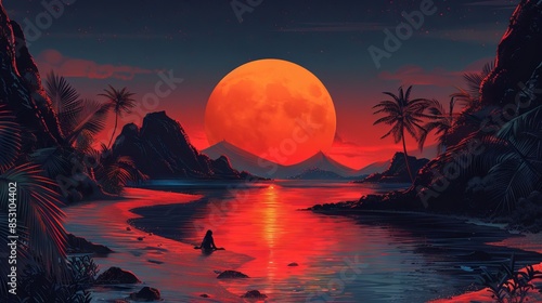vector illustration of a river running through a harsh desert eventually coming to a lake at the bottom foreground. beautiful dunes, 