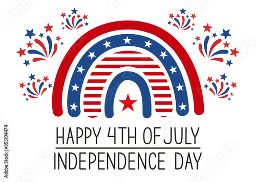 Happy 4th of July (Fourth of July) Independence Day greeting banner. Cute rainbow, fireworks and text on white.	