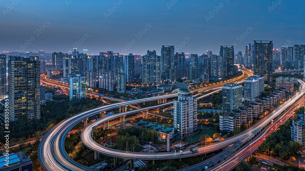 Obraz premium Long exposure at night of a city skyline 