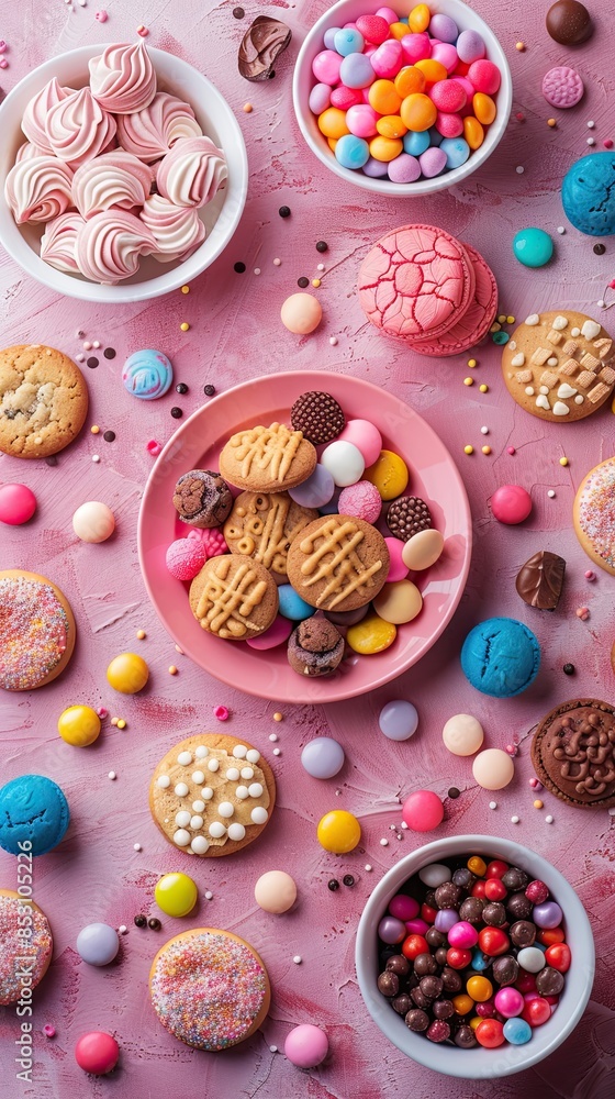 Assortment of cookies, candies and sweets, on plates on pink background, studio shoot. Assortment of cookies, candies and sweets, on plates on pink background, studio shoot.