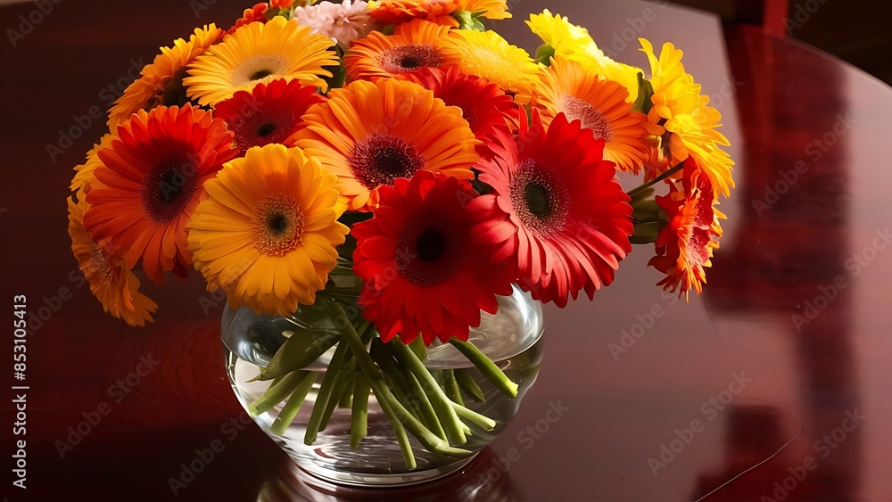Beautiful bouquet of flowers in a glass vase on a wooden table gerberas high quality photo Beautiful bouquet of flowers in a glass vase on a wooden table gerberas high quality photo