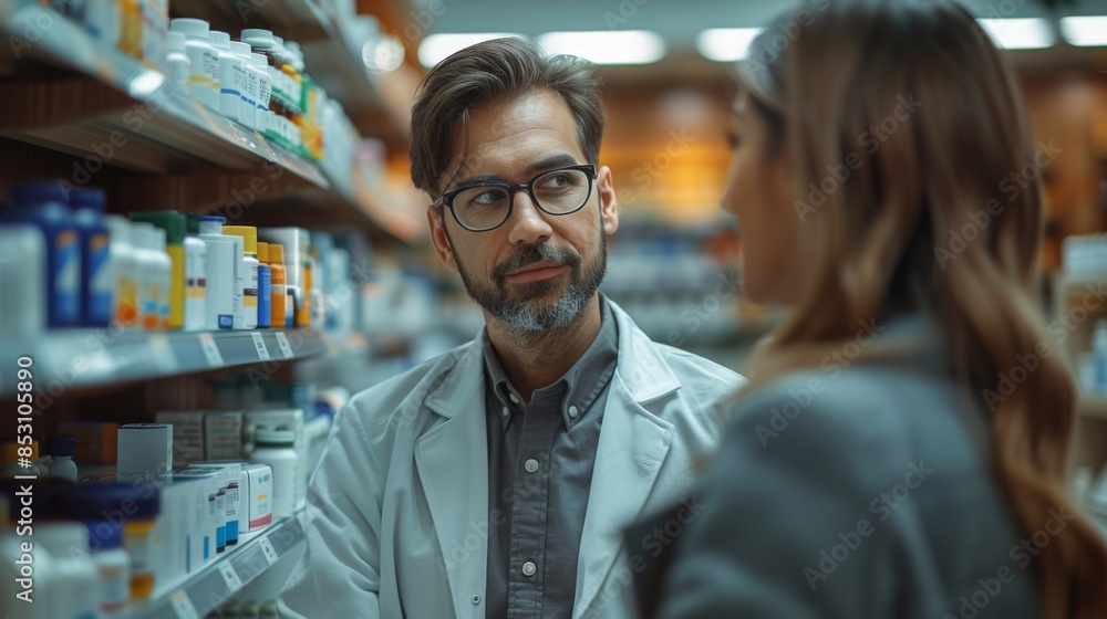 Depict a pharmacist counseling a customer on their new prescription Depict a pharmacist counseling a customer on their new prescription
