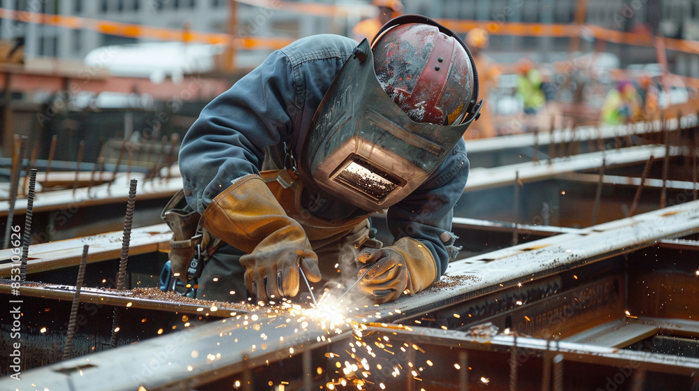 Welder at work. Big construction site. Sparks fly from welding. Worker in uniform Welder at work. Big construction site. Sparks fly from welding. Worker in uniform