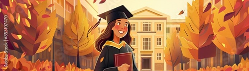 A student in a graduation cap and gown, holding a diploma and smiling proudly in front of a prestigious university, symbolizing academic achievement. Warm and inviting, vibrant colors