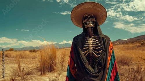 A skeleton in a desert wearing a sombrero hat photo
